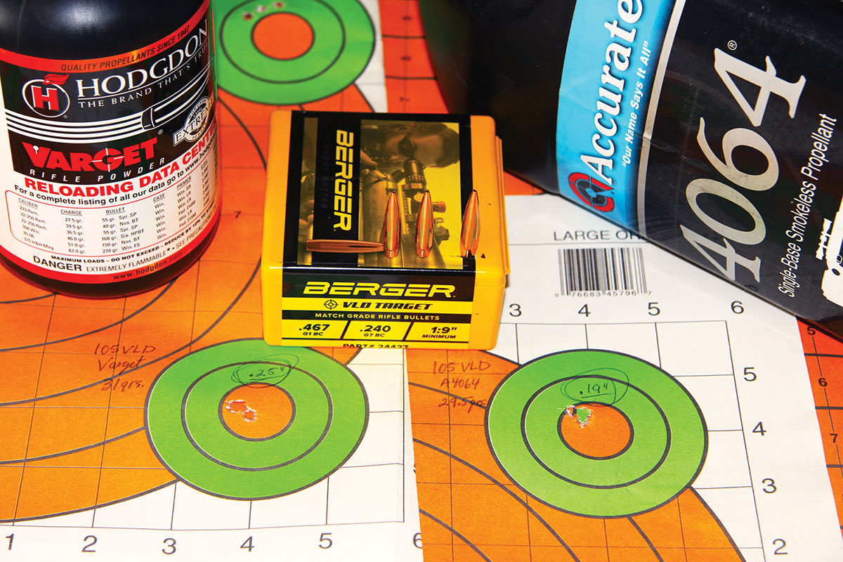 Berger’s 105-grain VLD Target produced two fine groups, including .25 inch at 2,793 fps with 31 grains of Hodgdon Varget, and .19 inch at 2,693 fps with 29.5 grains of Accurate 4064.